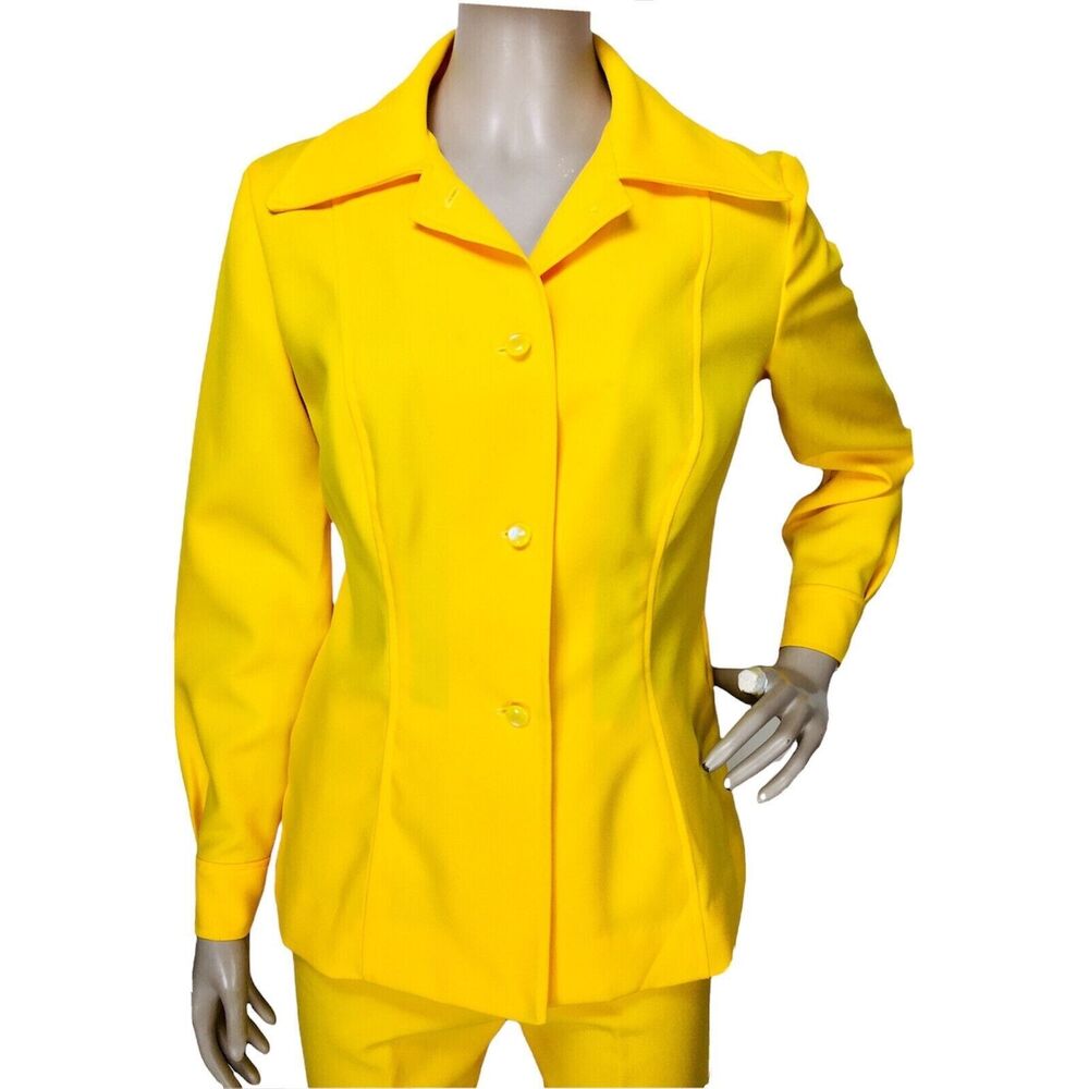 Vintage 60s MOD Yellow Dagger Collar Blazer High-Waisted Pantsuit Set Sz S/M